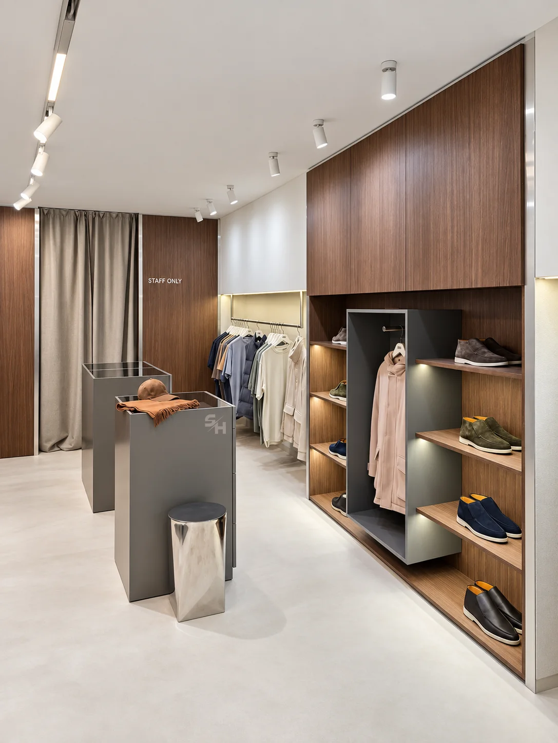AND menswear store — sales floor with walnut-look wall units, clothing rails and display plinths
