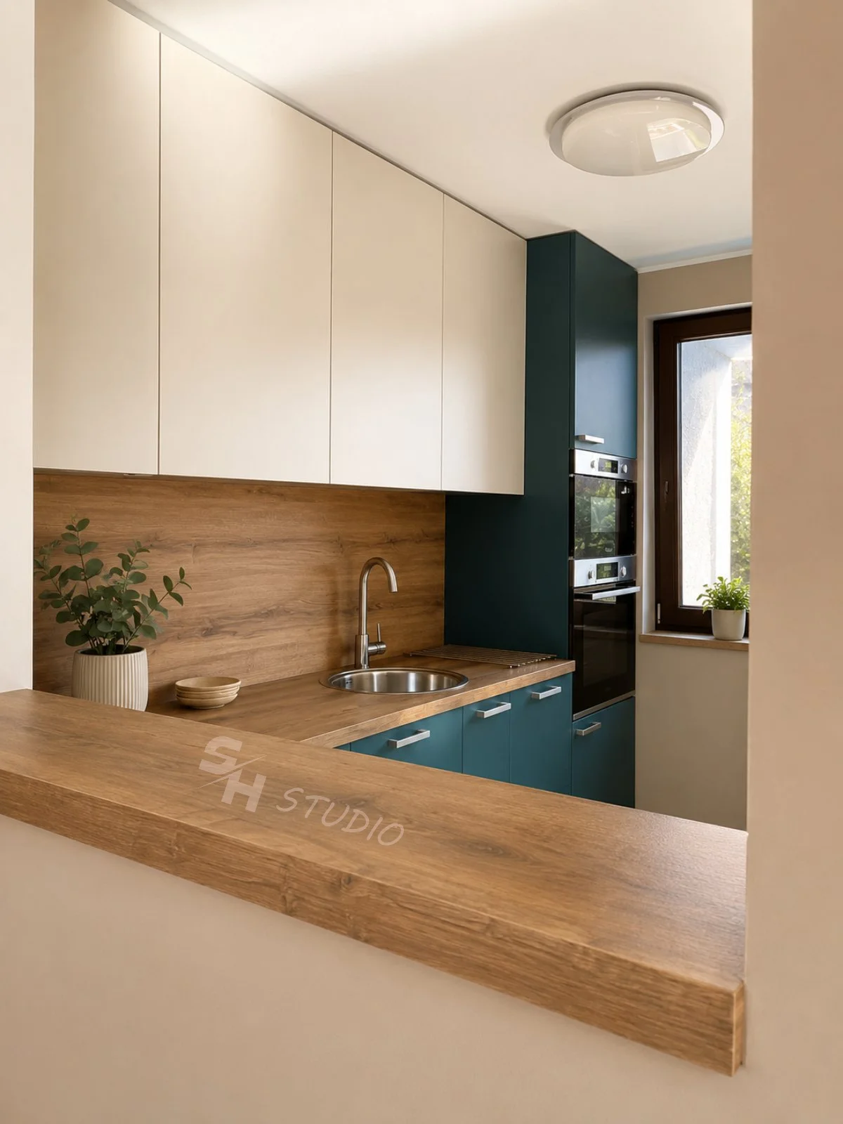 DS Residence — sink area viewed across the oak-effect breakfast counter