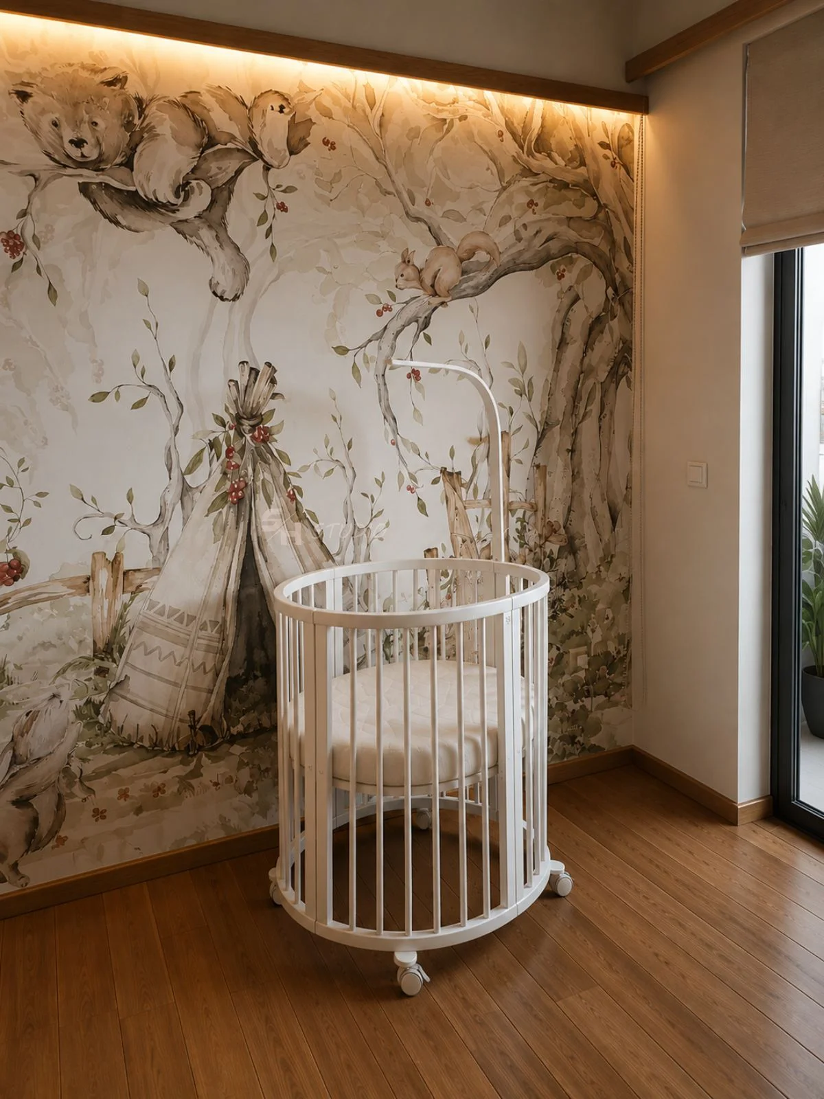 Baby Room — baby room with a round cot in front of an illuminated woodland feature wall