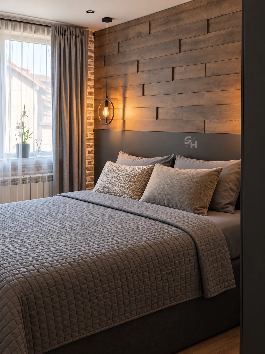 IATA — bed against the wood-plank accent wall with pendant light
