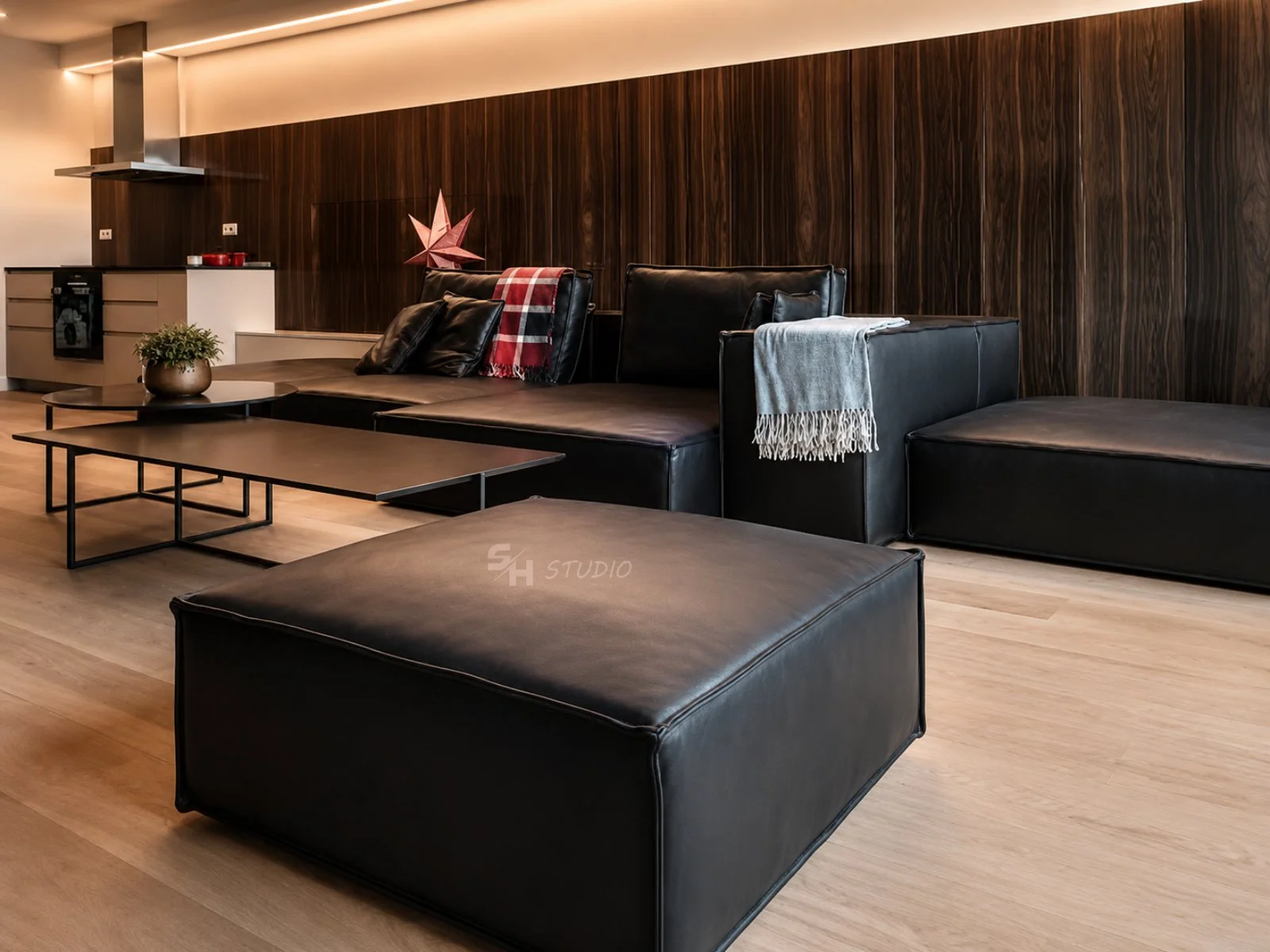 PSNG — modular natural-leather sofa with pinched seams and low coffee tables