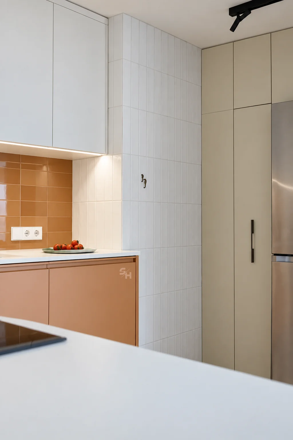 PSLR — kitchen, living and dining area in sandy tones with natural veneer