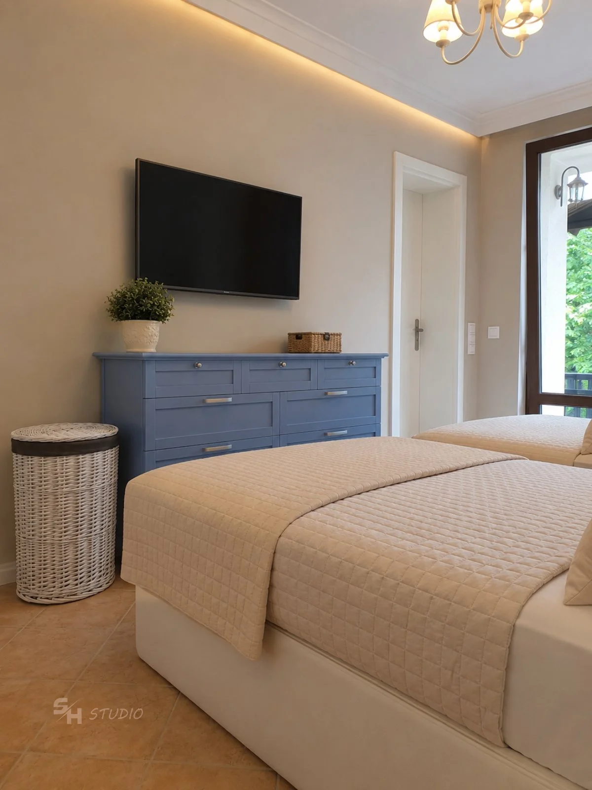 DIYT Apartment — master bedroom TV wall with open shelving