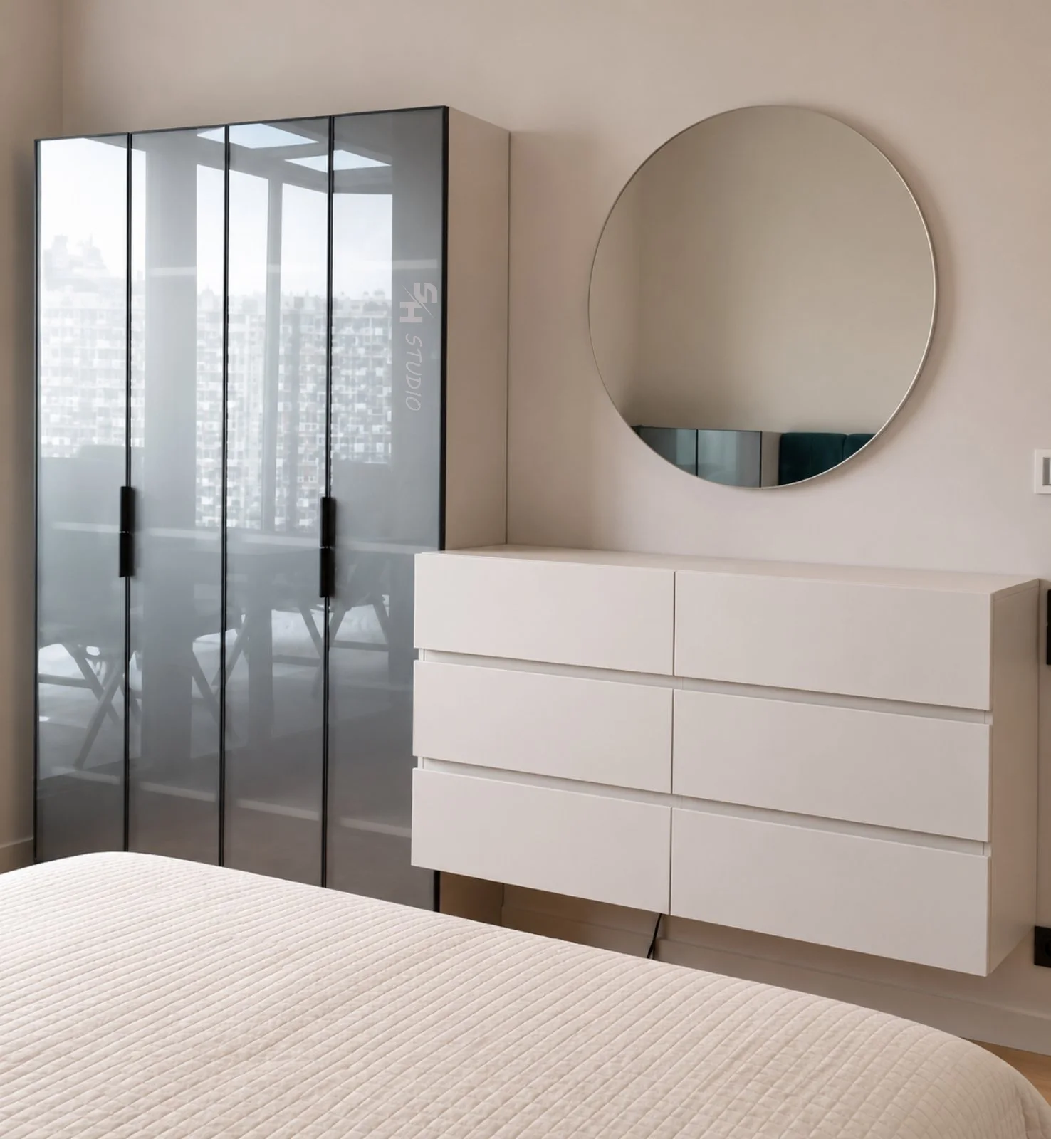 MMK Residence — glass display cabinet and floating chest of drawers