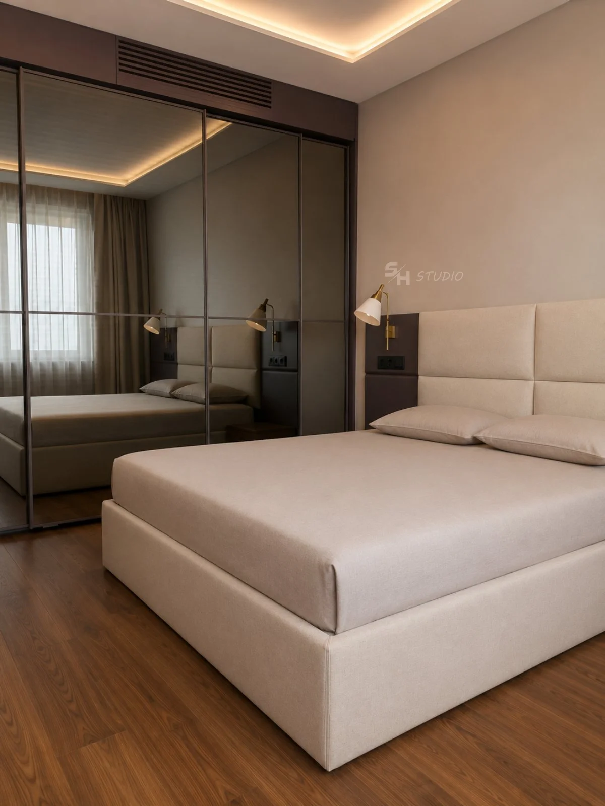 ADVH — guest bedroom with upholstered bed and mirrored Stopsol wardrobe