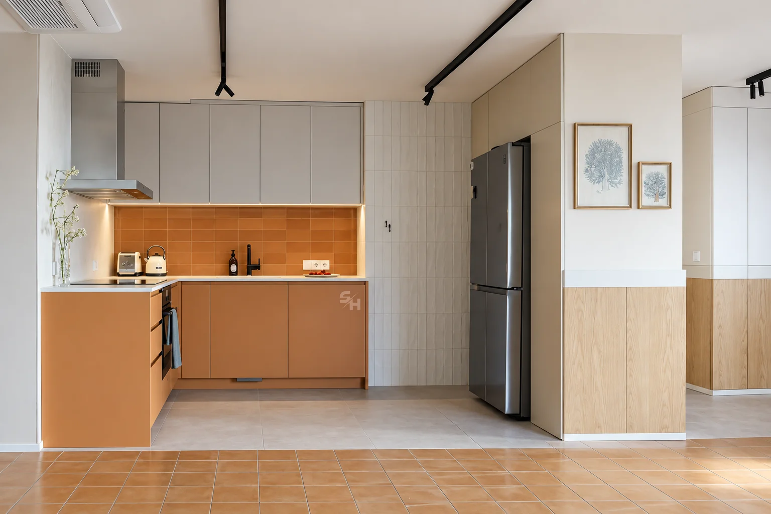 PSLR — kitchen, living and dining area in sandy tones with natural veneer