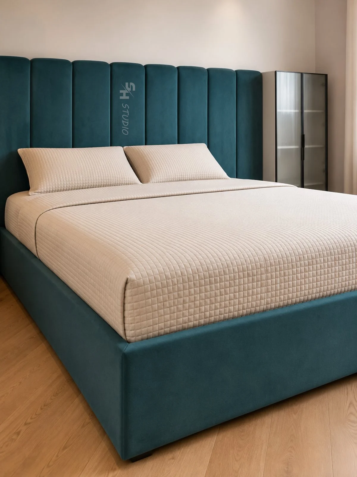 MMK Residence — upholstered bed and headboard with glass display cabinet